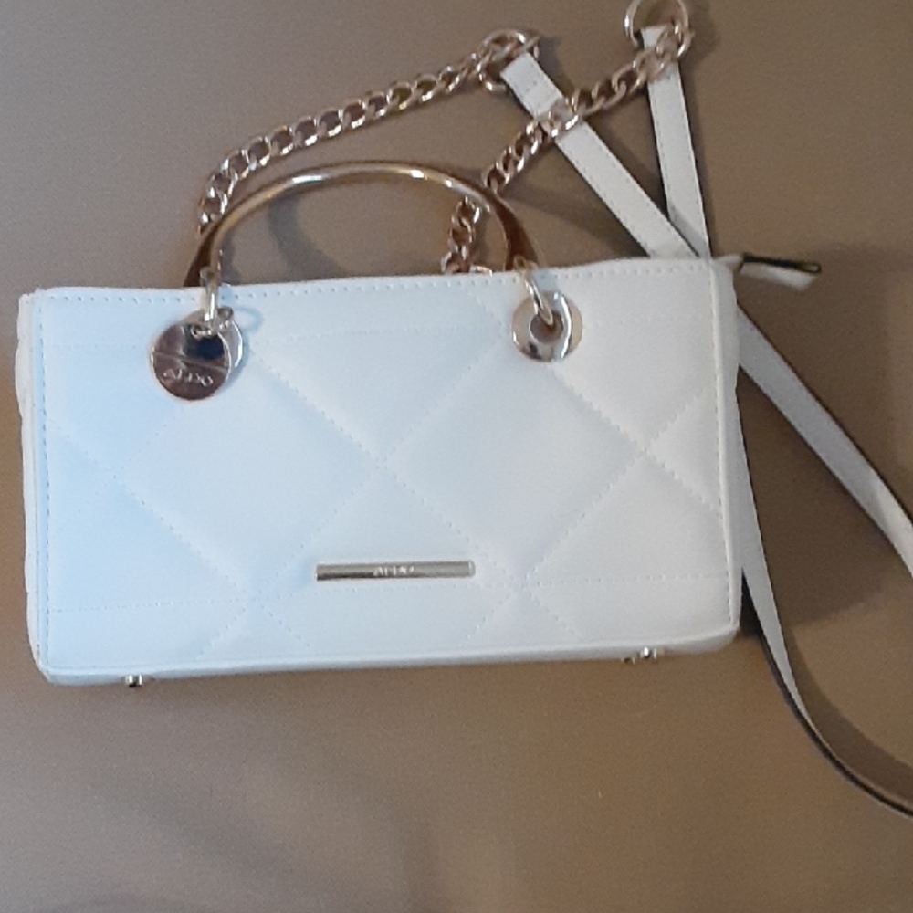Aldo White Quilted Satchel with Gold Chain and Top Handle